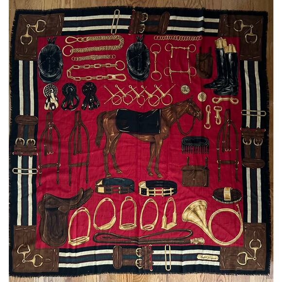 Ralph Lauren equestrian wool Silk horse Scarf Black Red 50x50” large READ - Picture 4 of 16